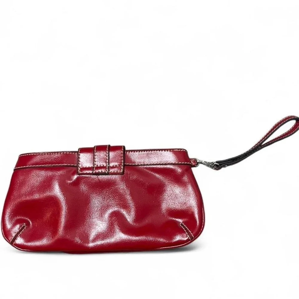 Red leather clutch handbag with silver hardware